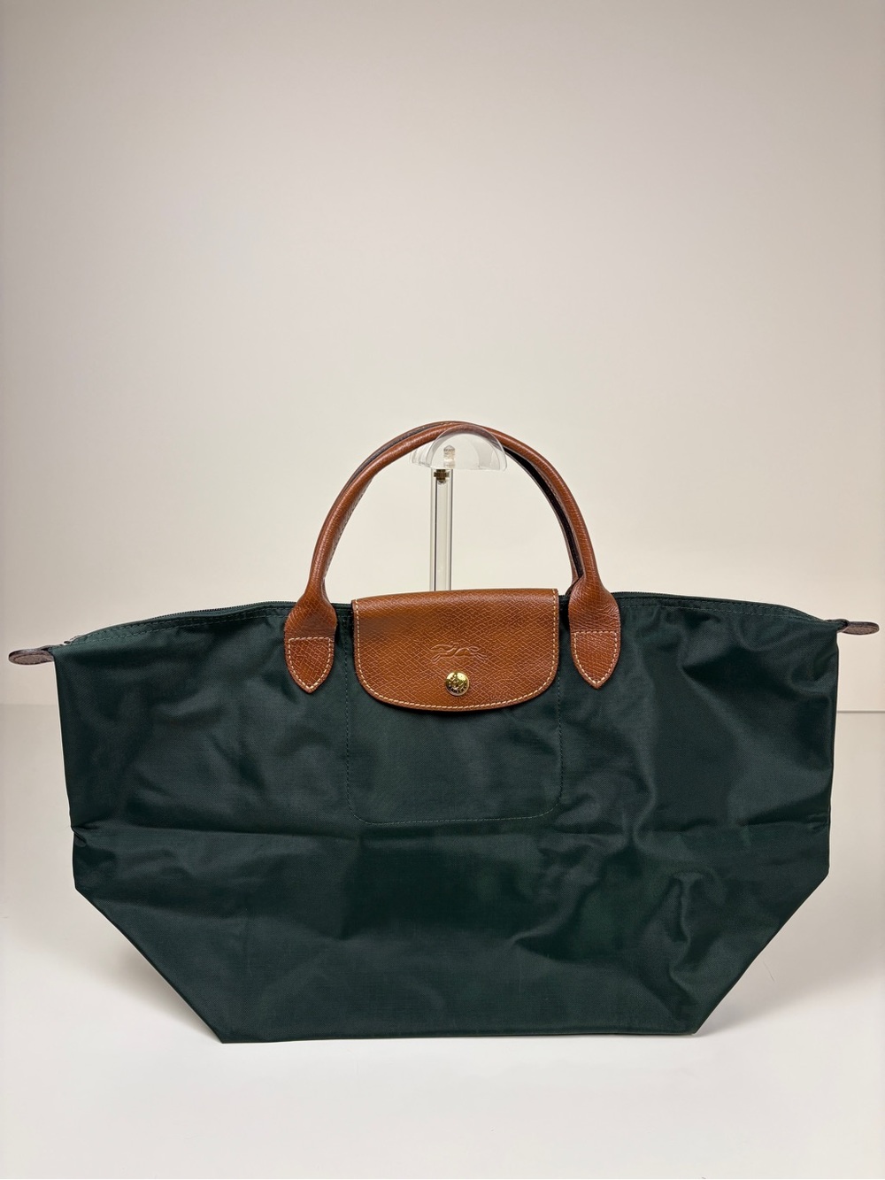 Longchamp Le Pliage Medium Dark Green Nylon Tote with Leather Handles